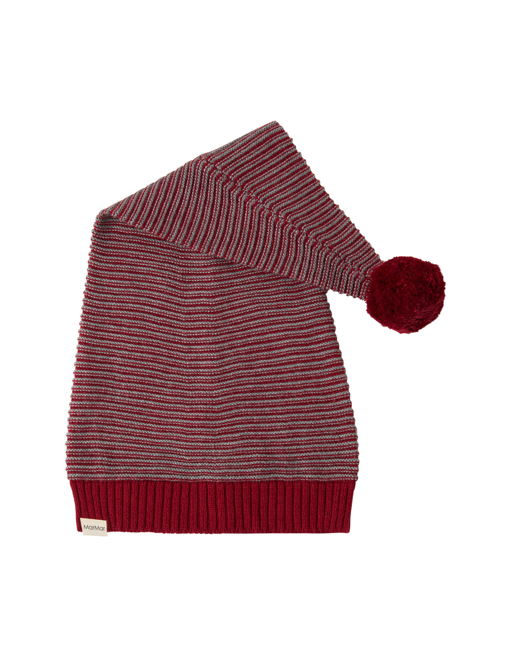 Knitted Santa hat with red and grey stripes and tassel for children