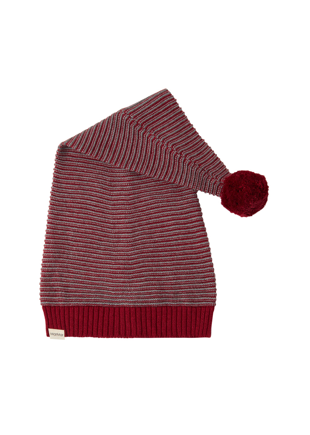 Strikket nissehue med røde og grå striber og kvast til børn