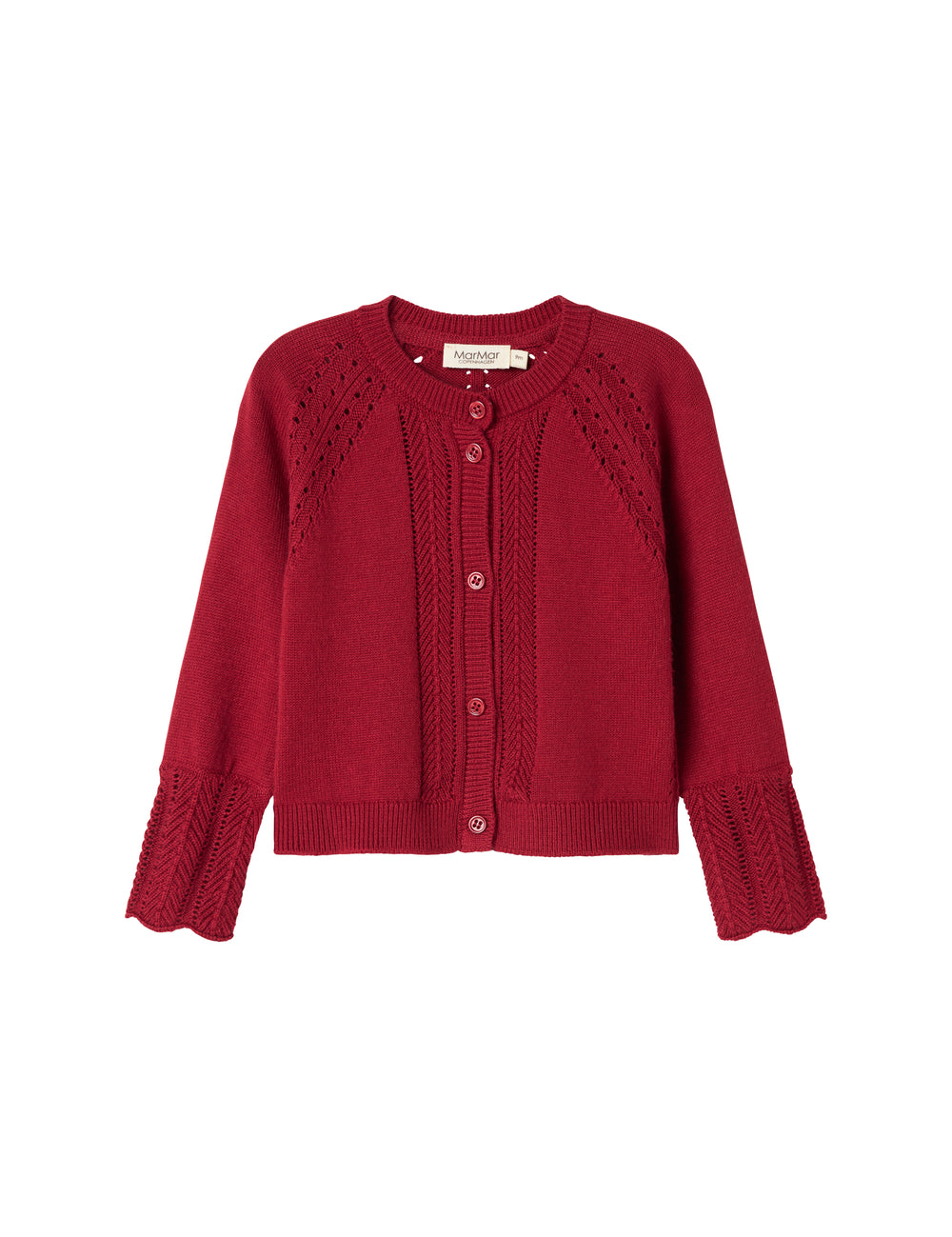 Red cardigan with fine lace patterns and ribbed edges for baby