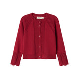 Rød cardigan med fine hulmønstre og ribkanter til baby