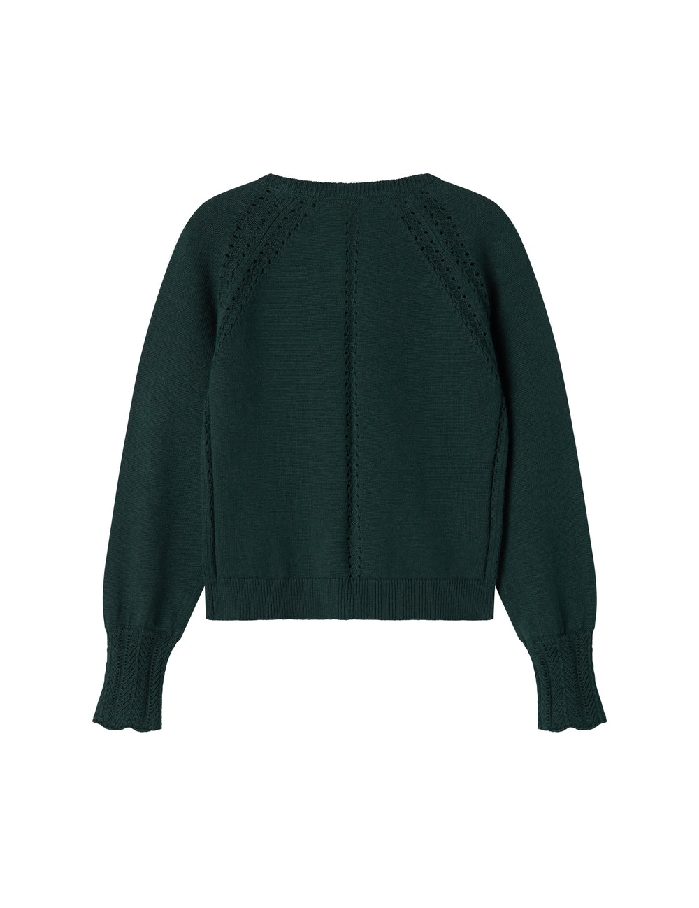 Mørkegrøn strikket juletrøje med hulmønster og ribkanter til baby