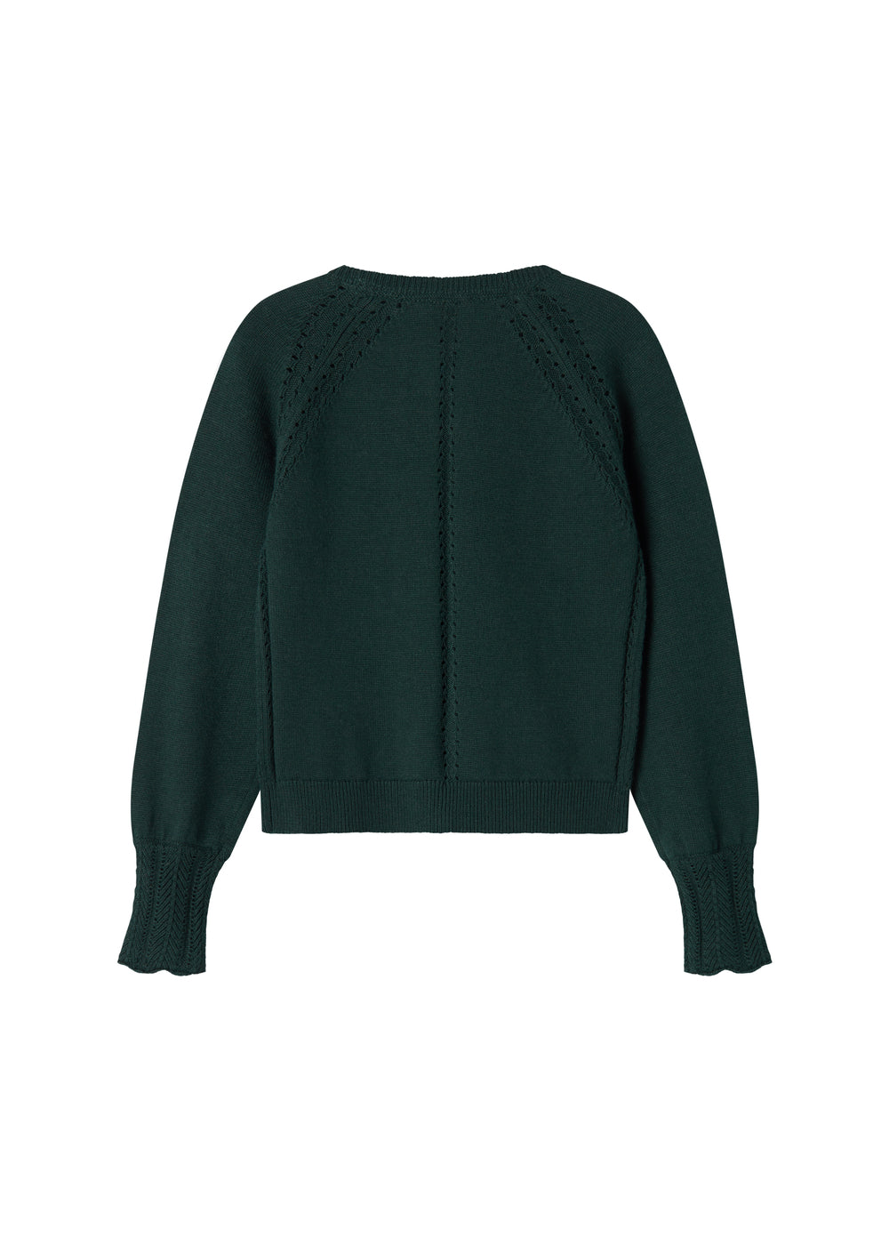 Mørkegrøn strikket juletrøje med hulmønster og ribkanter til baby