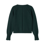 Mørkegrøn strikket juletrøje med hulmønster og ribkanter til baby