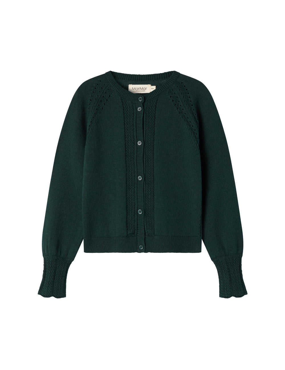 Dark green knitted cardigan with lace pattern and ribbed edges for baby