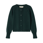 Mørkegrøn strikket cardigan med hulmønster og ribkanter til baby