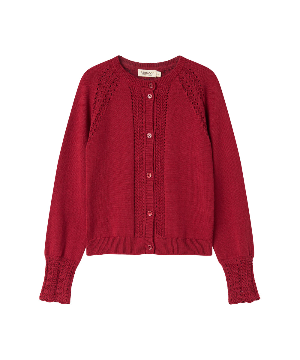 Rød julecardigan med fine hulmønstre og ribkanter til børn