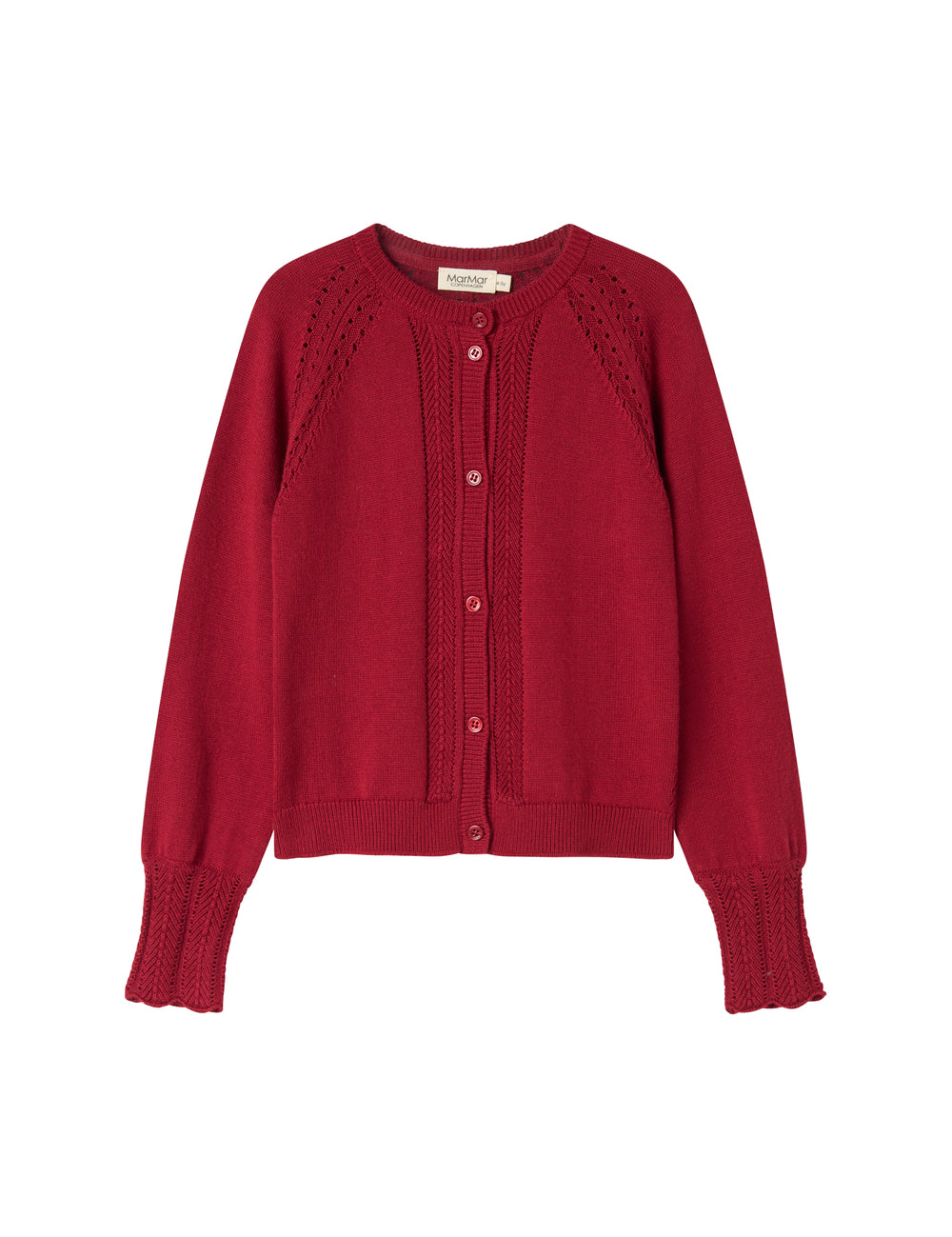 Red Christmas cardigan with fine lace patterns and ribbed edges for children