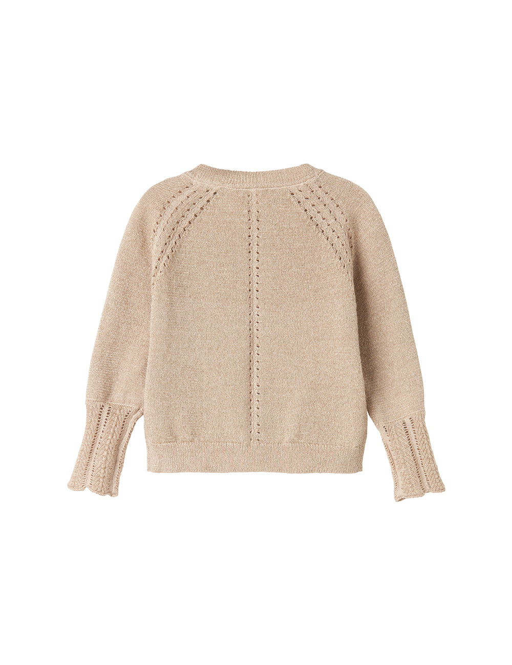 Beige cardigan med guldglimmer og fine ribdetaljer til baby
