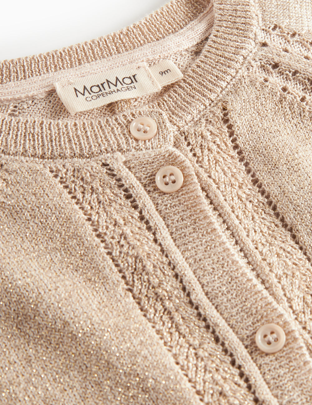 Beige cardigan with gold glitter and fine rib details for baby