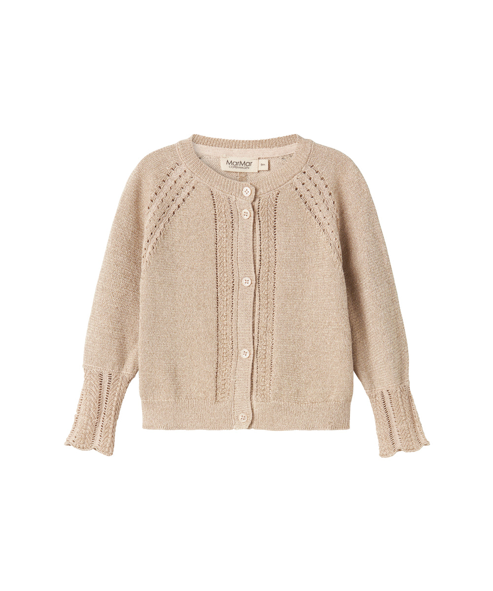 Beige cardigan med guldglimmer og fine ribdetaljer til baby