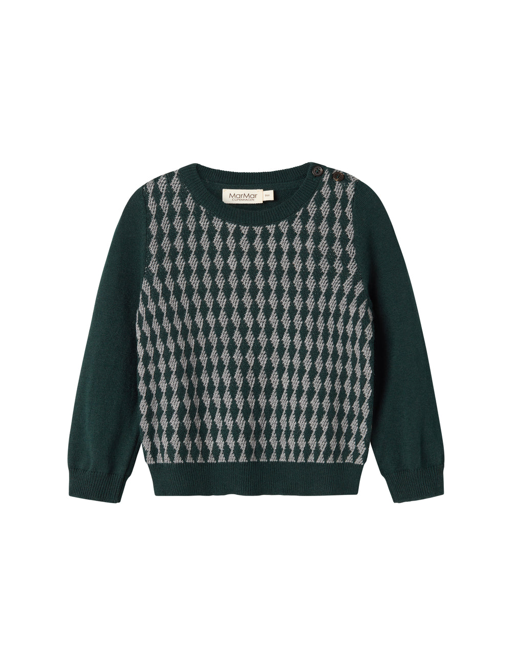 Knitted baby blouse with checkered pattern in dark green