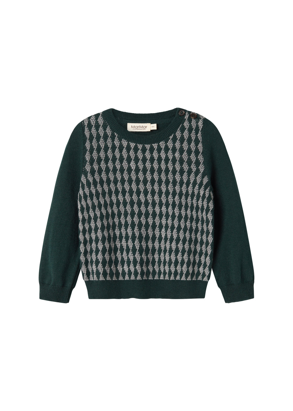 Strikket babybluse med ternet mønster i mørkegrøn