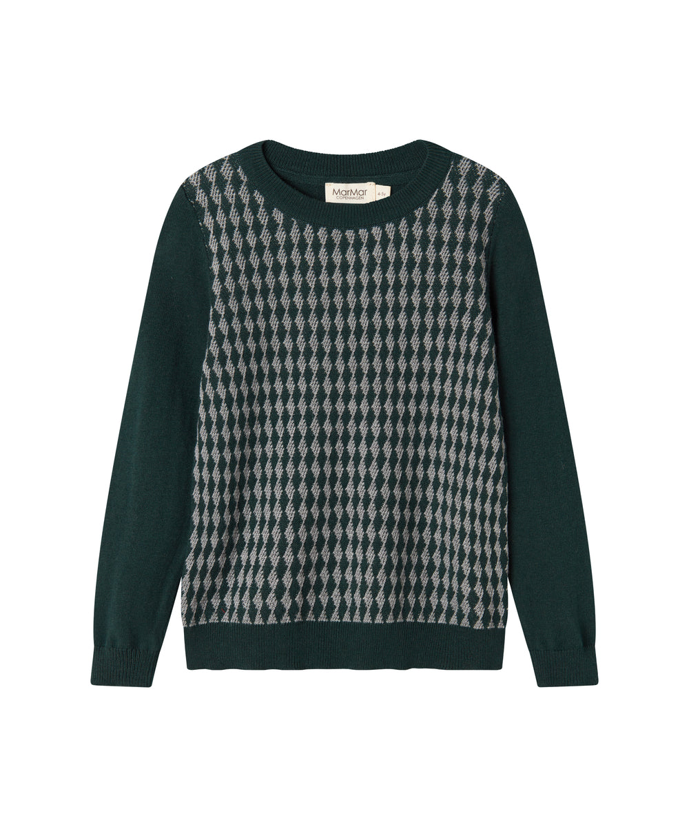 Strikket bluse med ternet mønster i mørkegrøn til børn