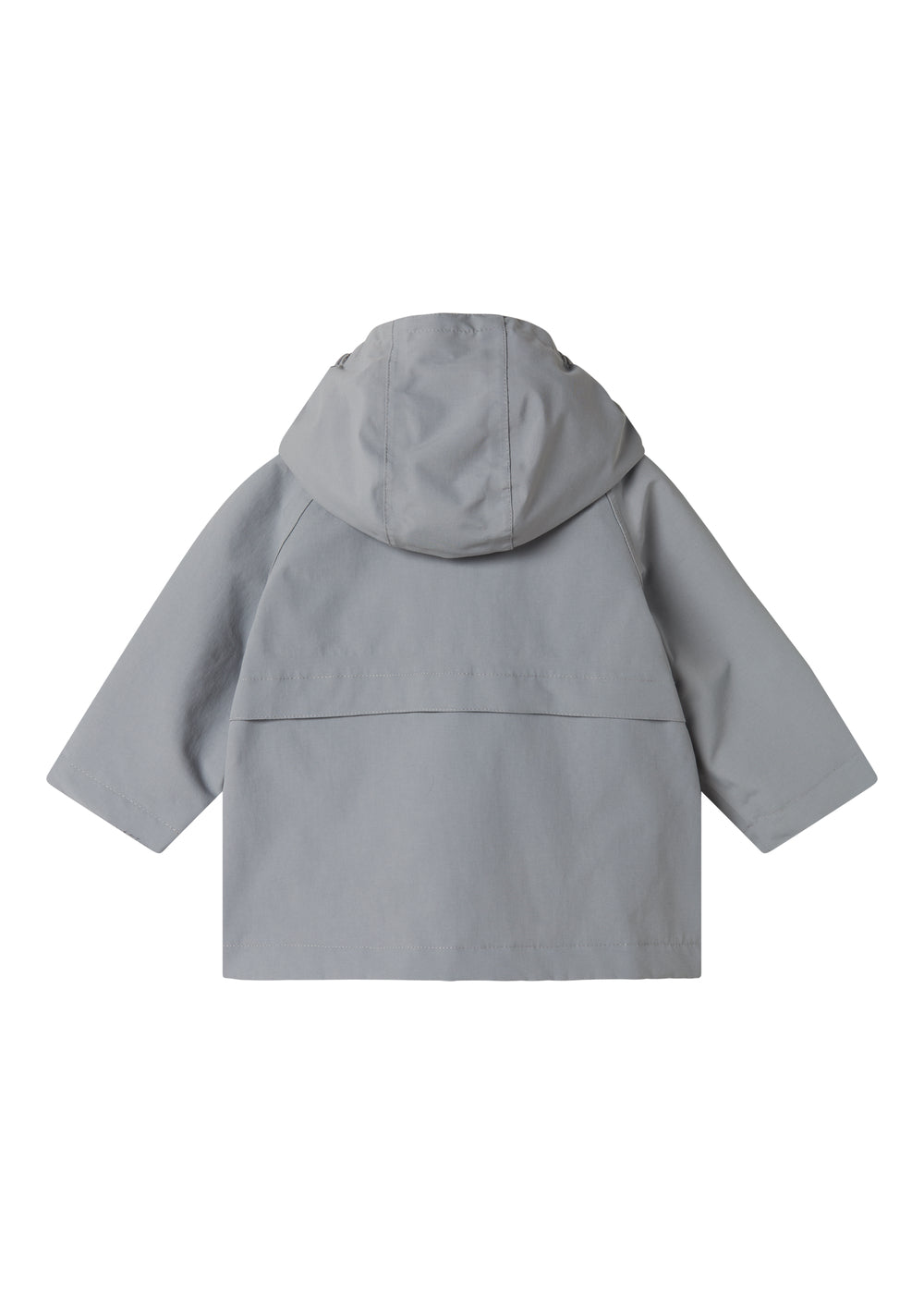 Grå overgangsjakke med hætte, lynlås og lommer til baby