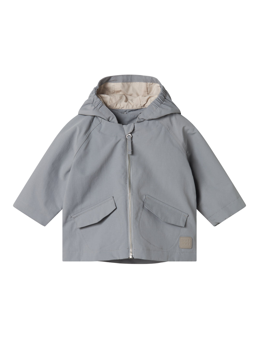 Gray transition jacket with hat, zipper, and pockets for baby