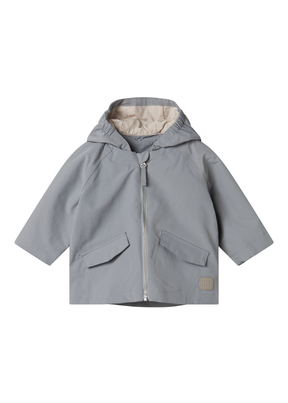 Gray transition jacket with hat, zipper, and pockets for baby