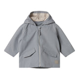 Gray transition jacket with hat, zipper, and pockets for baby