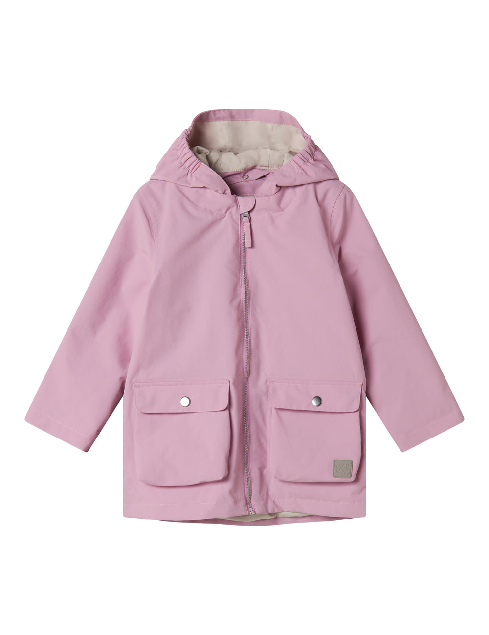 Red transition jacket with hat, pockets, and buttons.