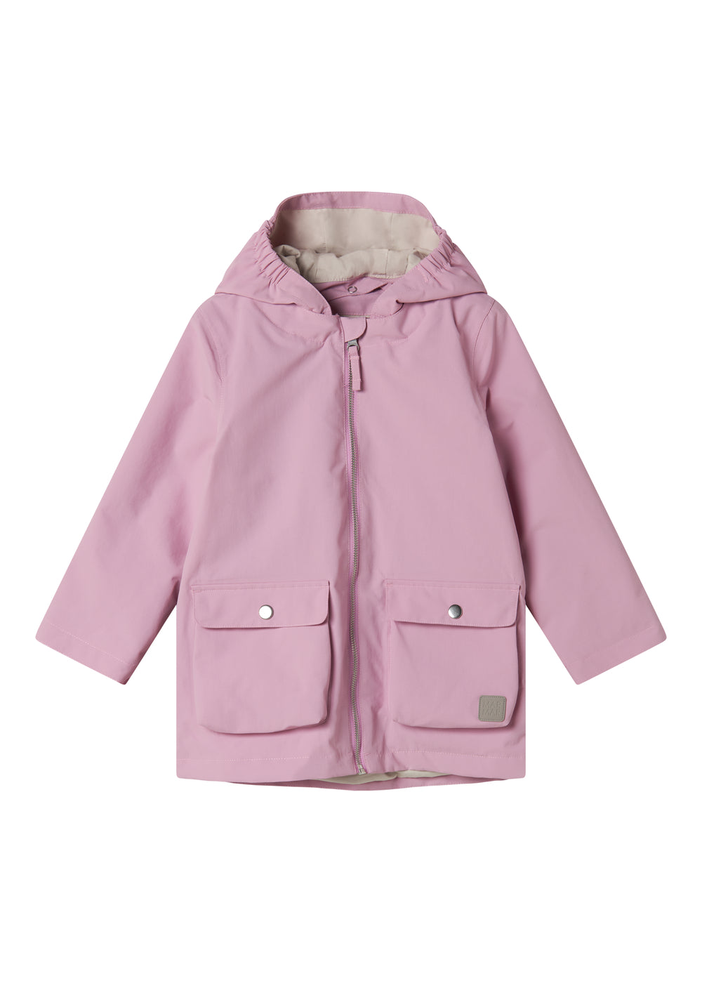 Red transition jacket with hat, pockets, and buttons.