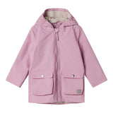 Red transition jacket with hat, pockets, and buttons.