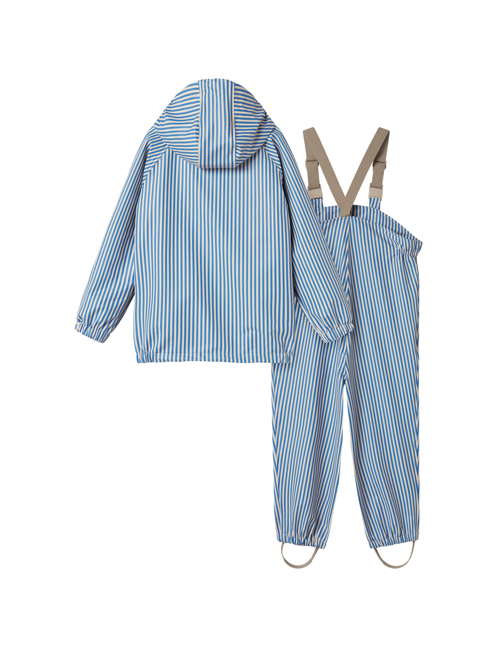 Blå stribet regnjakke og regnbukser med hætte, seler og fodstropper til børn