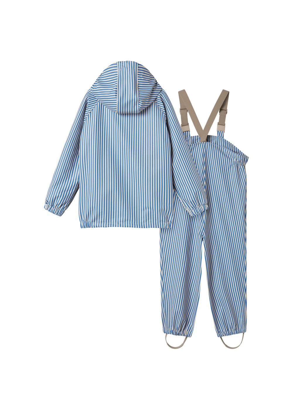 Blå stribet regnjakke og regnbukser med hætte, seler og fodstropper til børn