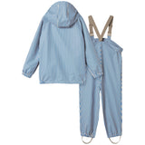 Blå stribet regnjakke og regnbukser med hætte, seler og fodstropper til børn