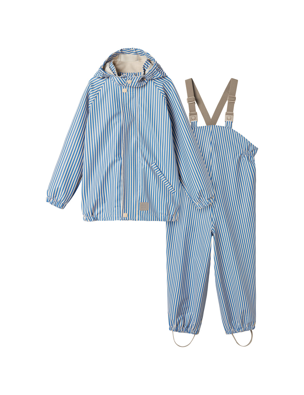 Blue striped raincoat and rain pants with hat, sleeves, and footies for children.