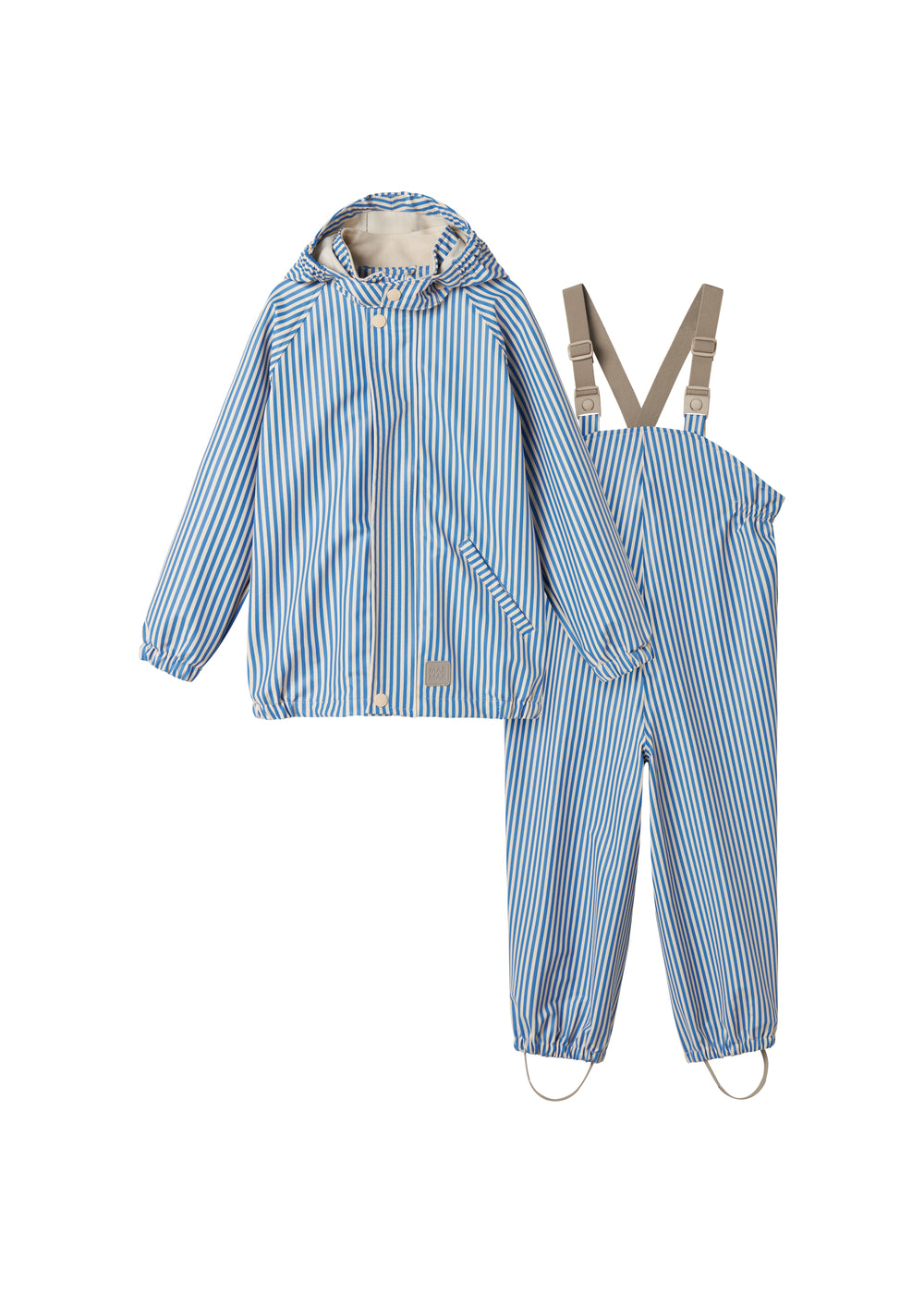 Blue striped raincoat and rain pants with hat, sleeves, and footies for children.