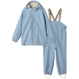 Blue striped raincoat and rain pants with hat, sleeves, and footies for children.