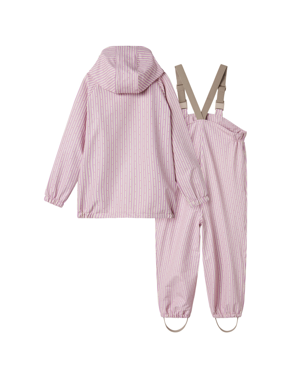 Lyserød stribet regnjakke og regnbukser med hætte, seler og fodstropper til børn