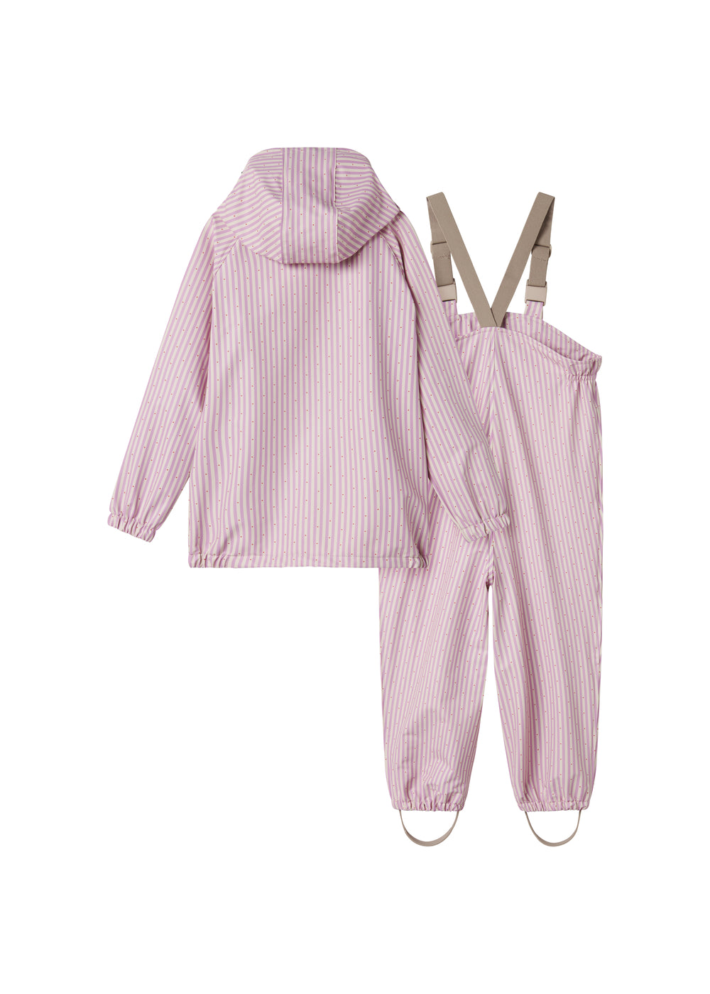 Lyserød stribet regnjakke og regnbukser med hætte, seler og fodstropper til børn