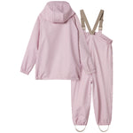 Lyserød stribet regnjakke og regnbukser med hætte, seler og fodstropper til børn