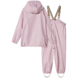 Lyserød stribet regnjakke og regnbukser med hætte, seler og fodstropper til børn