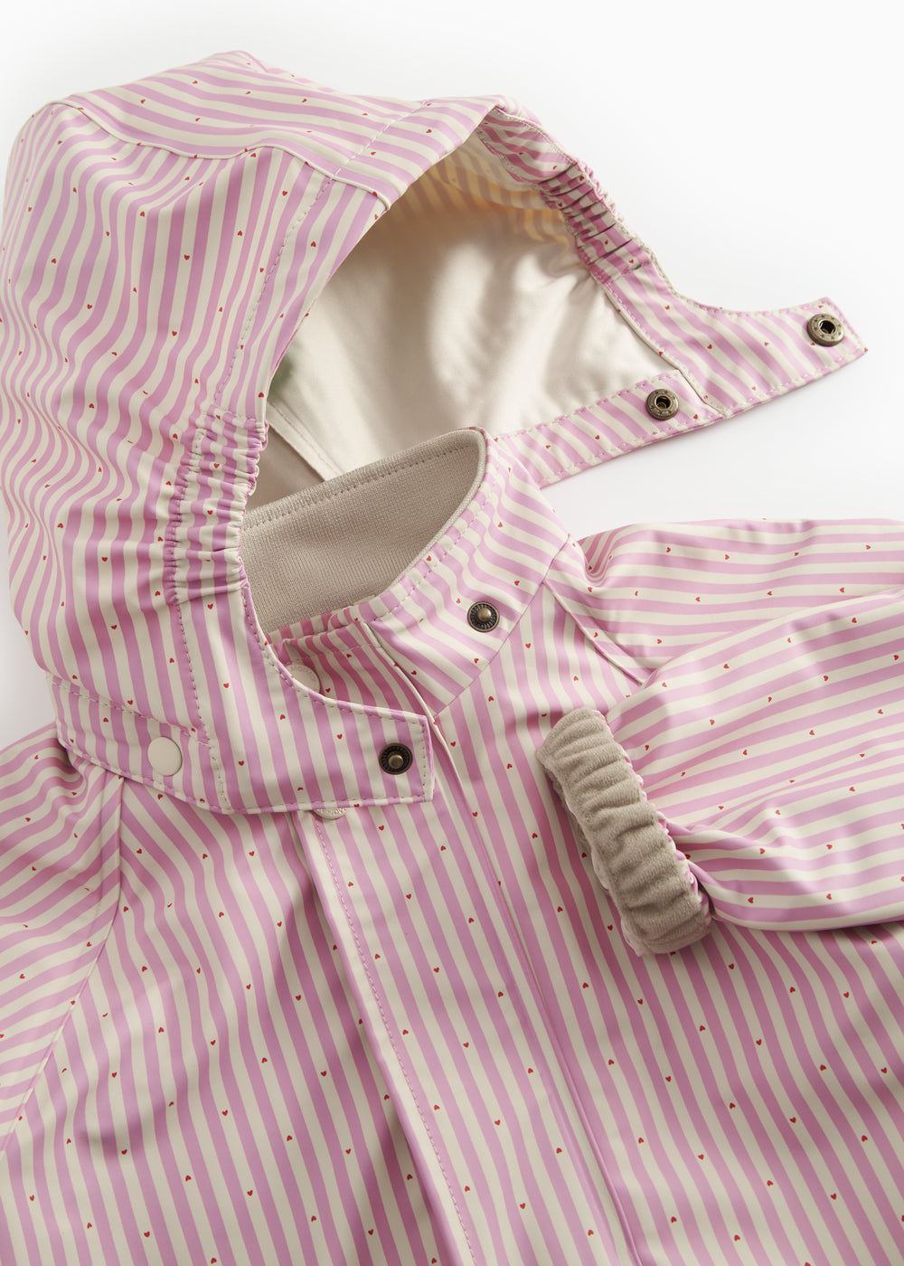 Red and striped raincoat with a hood, sleeves for children