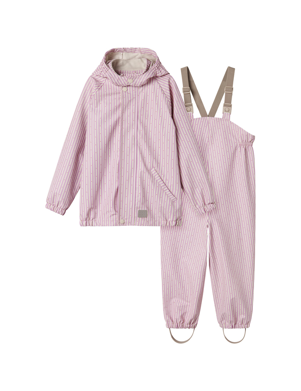 Red and striped raincoat and rain pants with hat, sleeves, and footies for children.