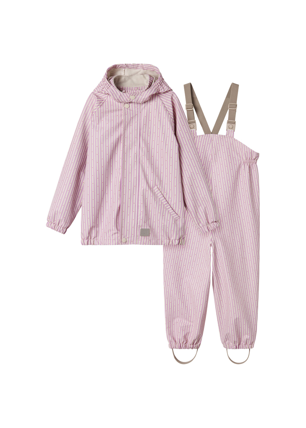 Red and striped raincoat and rain pants with hat, sleeves, and footies for children.