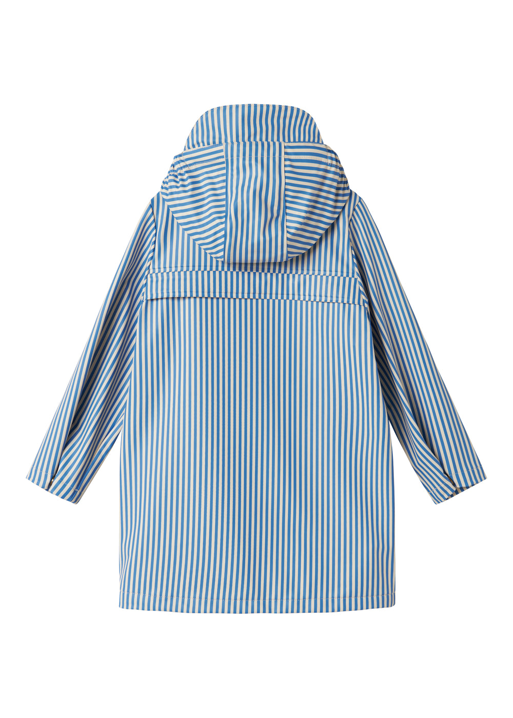 Blå stribet regnjakke med hætte, lommer og knapper til børn