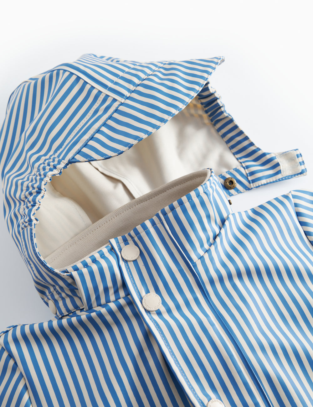 Blå stribet regnjakke med hætte, lommer og knapper til børn