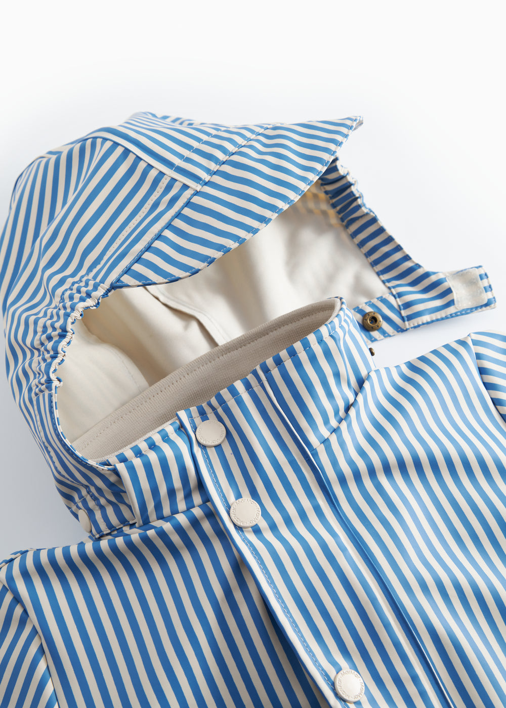 Blå stribet regnjakke med hætte, lommer og knapper til børn