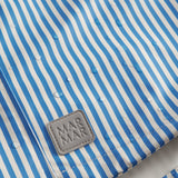 Blue striped raincoat with hat, pockets, and buttons for children.