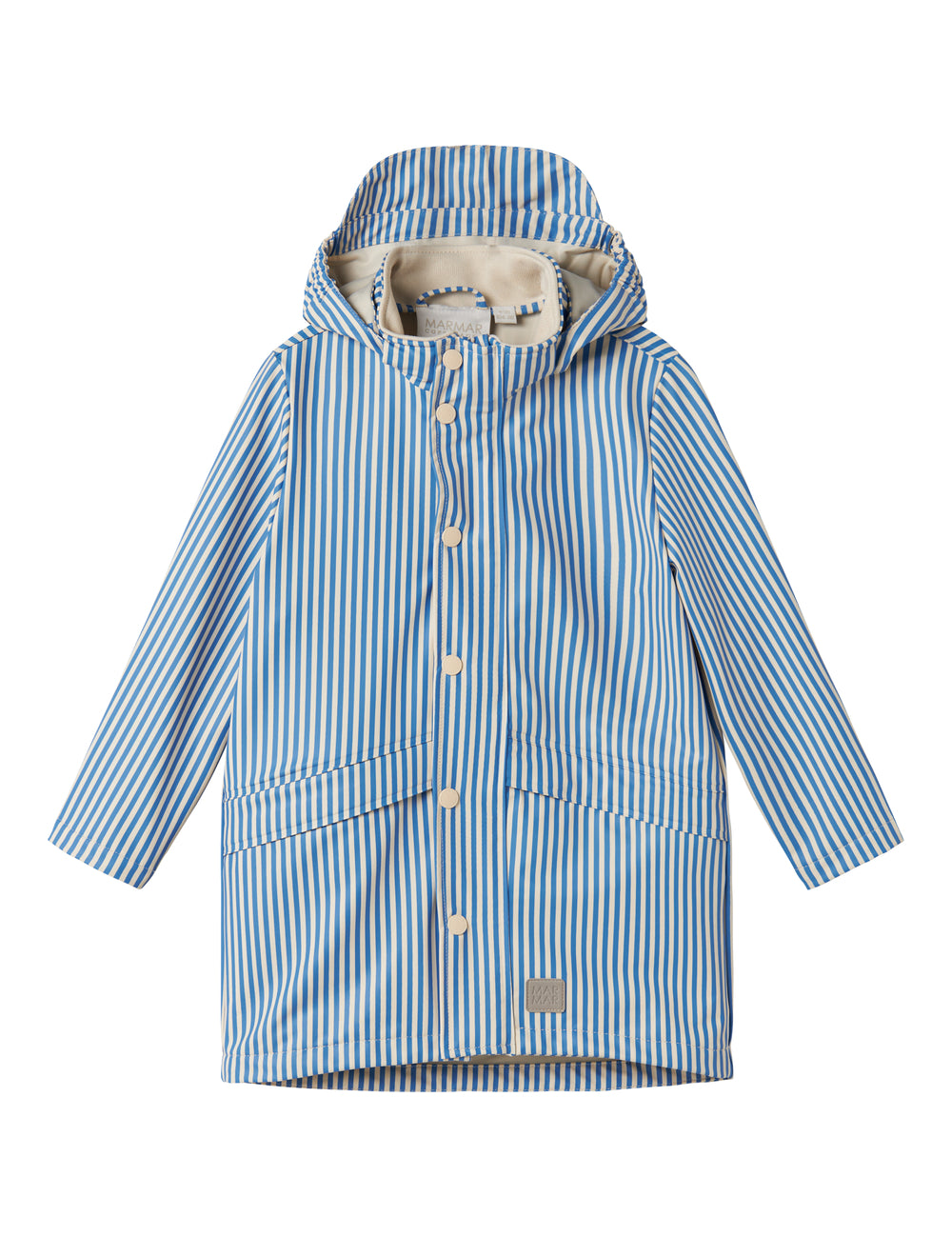 Blue striped raincoat with hat, pockets, and buttons for children.