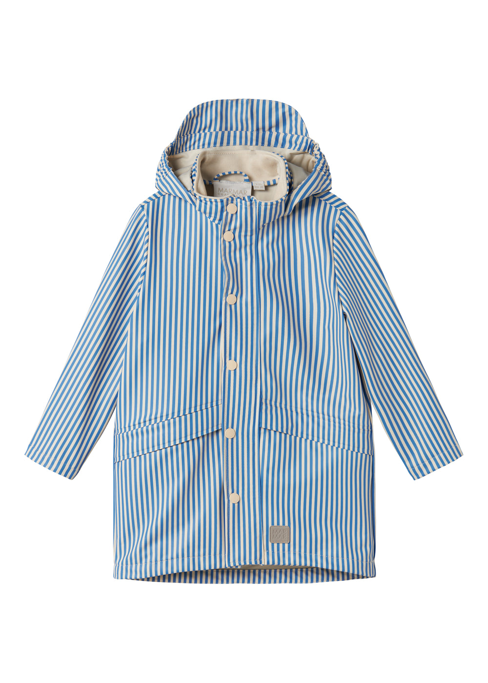 Blue striped raincoat with hat, pockets, and buttons for children.
