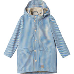 Blue striped raincoat with hat, pockets, and buttons for children.