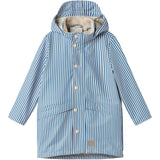 Blue striped raincoat with hat, pockets, and buttons for children.