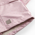 Red and striped raincoat for children with a hood and buttons.