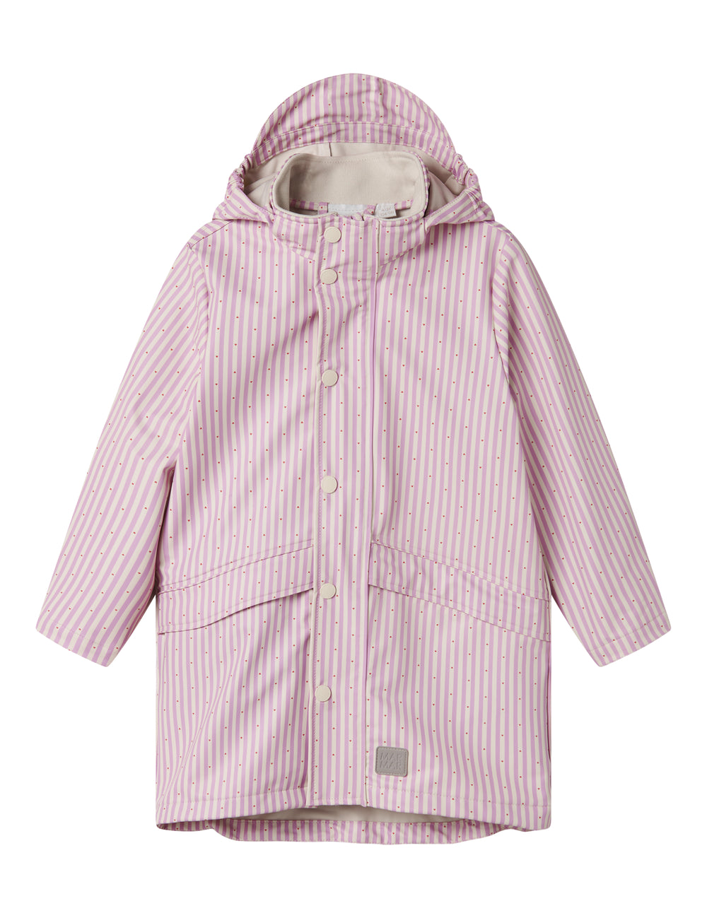 Red and striped raincoat for children with a hood and buttons.