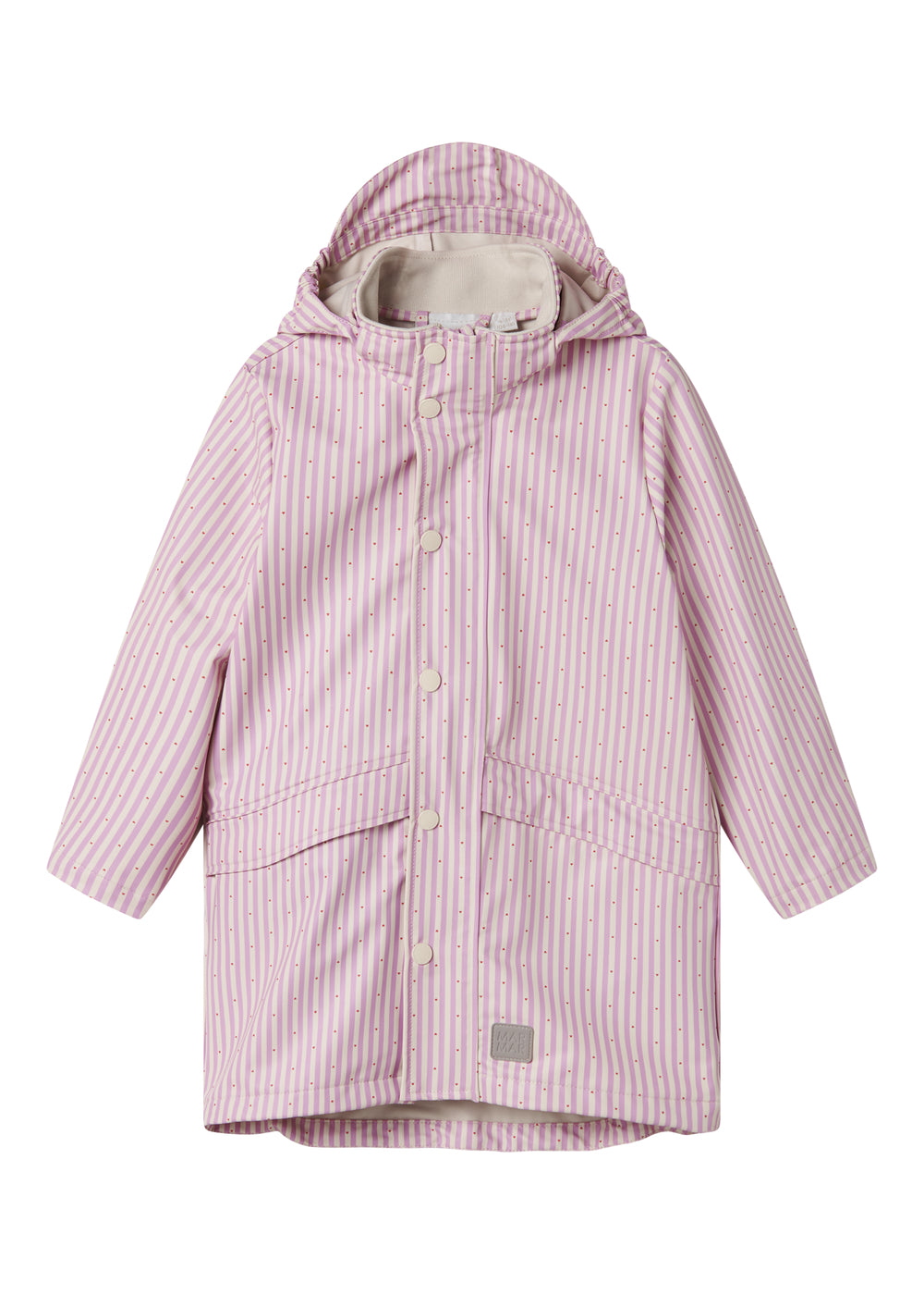 Red and striped raincoat for children with a hood and buttons.