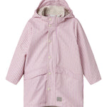 Red and striped raincoat for children with a hood and buttons.