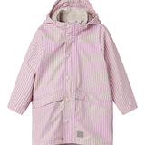 Red and striped raincoat for children with a hood and buttons.